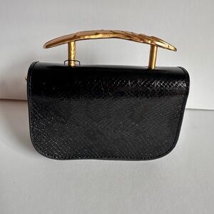 NWT Zara Black Textured Mini Clutch with Gold Top Handle